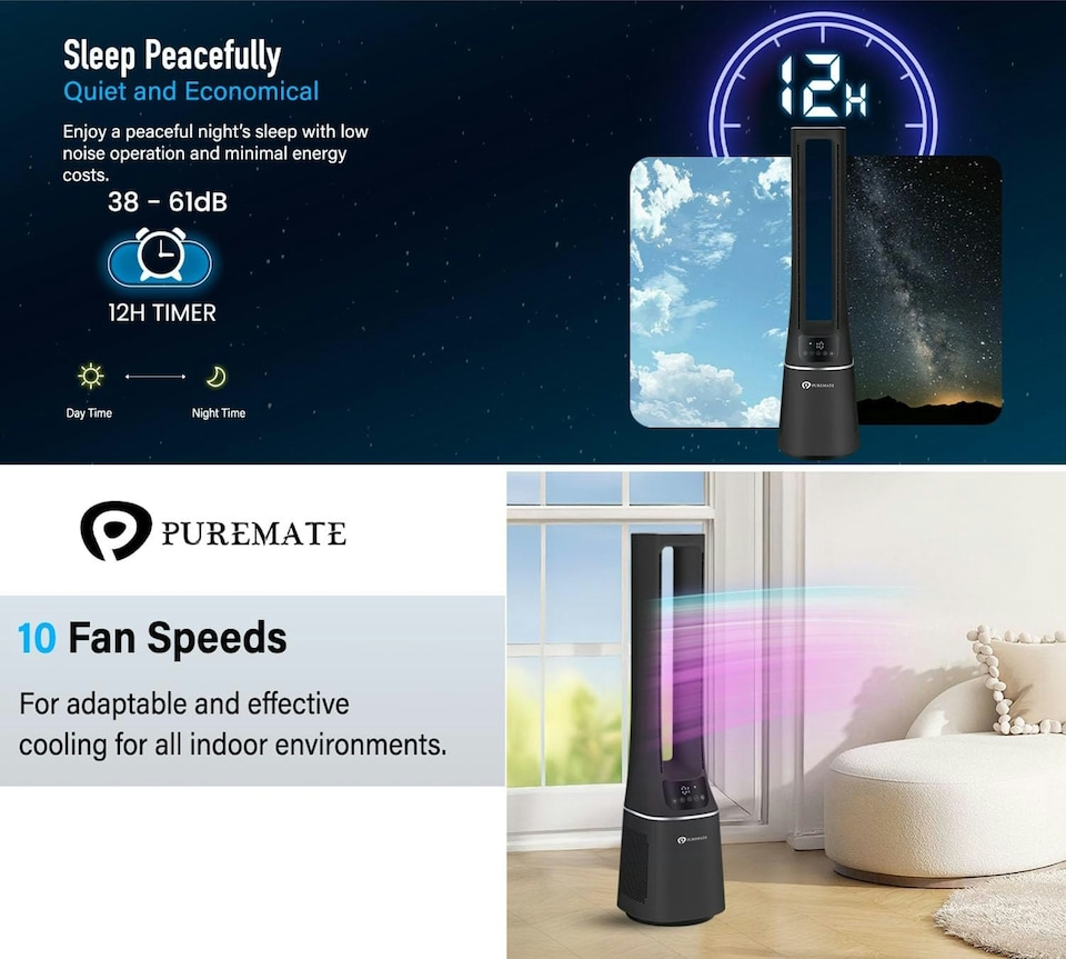 image 1 of PureMate 42-Inch Bladeless Tower Fan with Air Purifier - Black