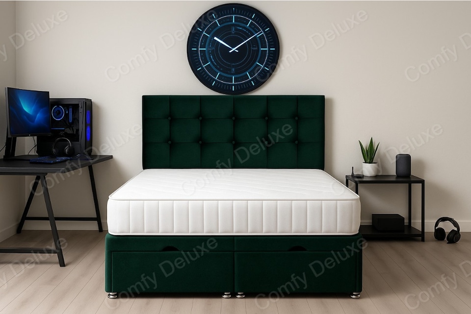 image 1 of Cube Green Plush Foot Lift Ottoman Divan 2ft6 Small Single Bed Set Headboard and Mattress