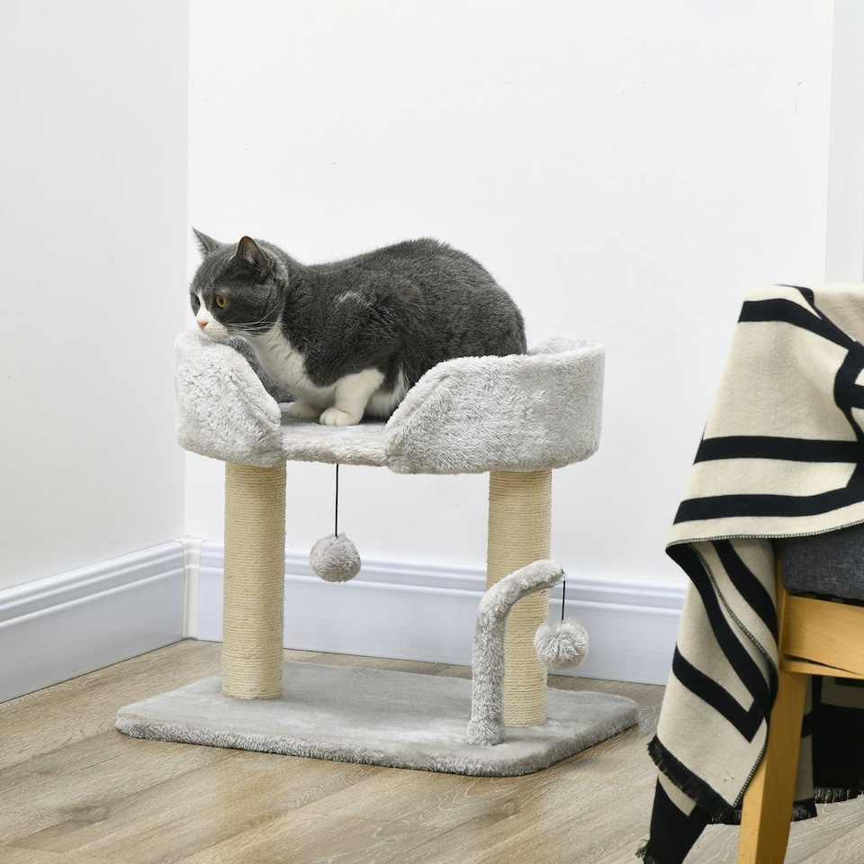 image 1 of PawHut Cat Tree Tower Scratcher with Bed for Indoor Cats, Light Grey