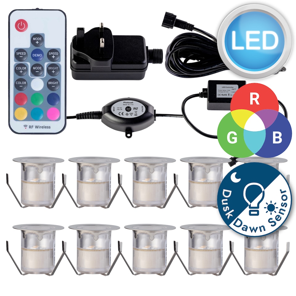 image 1 of Set of 10 - 30mm IP67 Colour Changing LED Decking Kit with Photocell | Chrome | Clear | 10