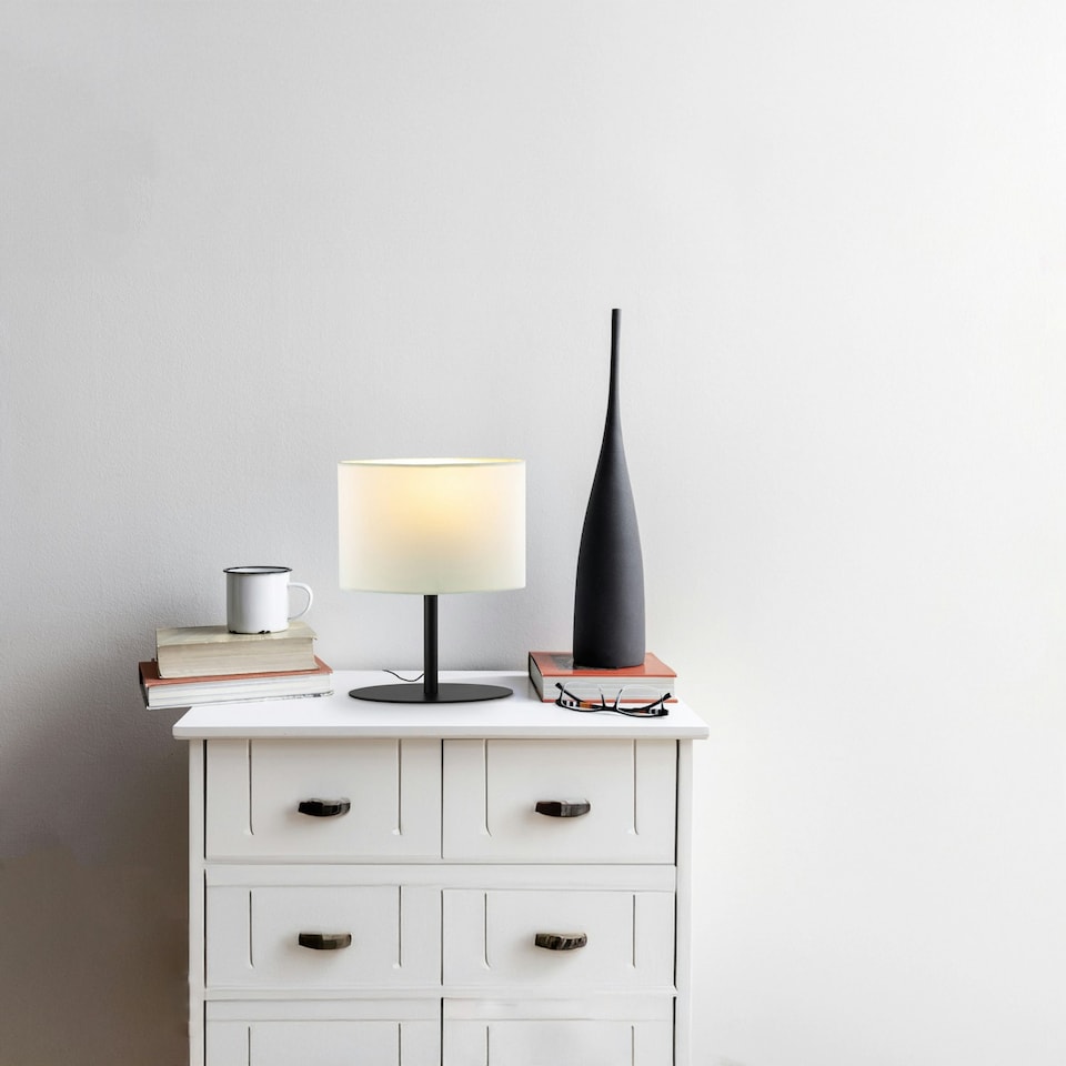 image 1 of Modern Designer Oval Table Lamp in Matte Black with Off-White Fabric Shade | Black