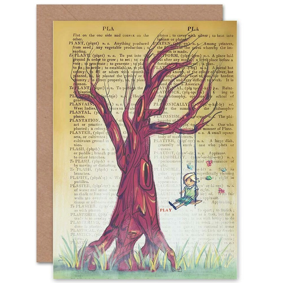 image 1 of Upcycle Dictionary Tree Swing Girl Butterflies Art Card