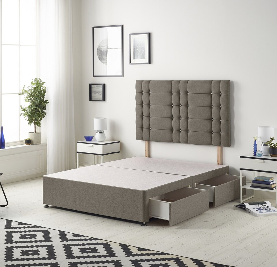 image 1 of Astoria Divan Bed Base with 2 Bottom Base Drawers & 30 Inch Diamante Headboard in Tweed Fabric | Brown | Coffee | King