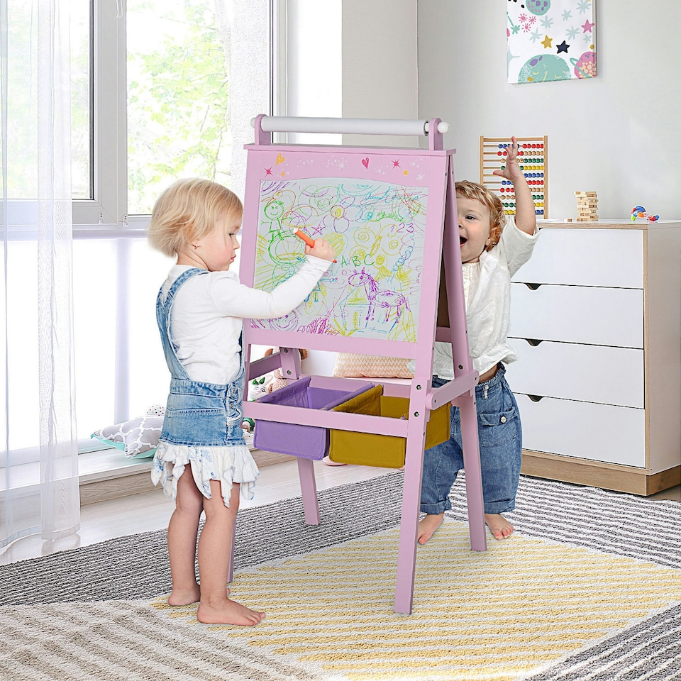 image 1 of HOMCOM Kids Wooden Art Easel with Paper Roll Double-Sided Chalkboard, Whiteboard