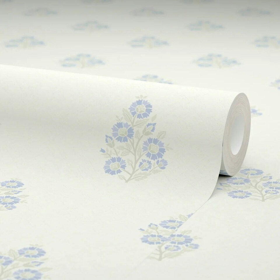 image 1 of Posy Wallpaper in Blue and Sage on Cream Multi