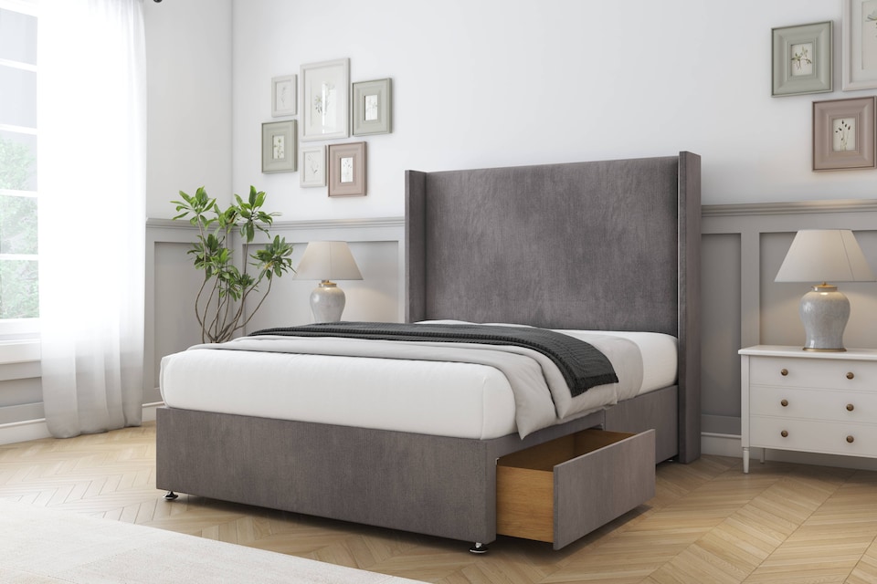 image 1 of Sloomy Devonshire Slate Naples Divan Bed With Mattress No Drawers With 54" Wingback Headboard 2'6 Small Single | Grey | Slate | Small Single | 1