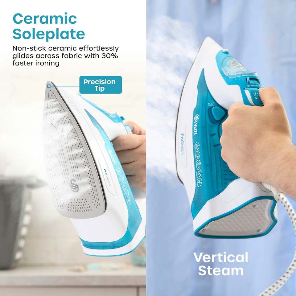 image 1 of Swan Steam Iron with Ceramic Soleplate, ProSteam Technology, Anti-Calc, Anti-Drip, Adjustable Temperature Dial and 360 Degree Swivel Cord, 3000W, White and Aqua, SI12055AQ