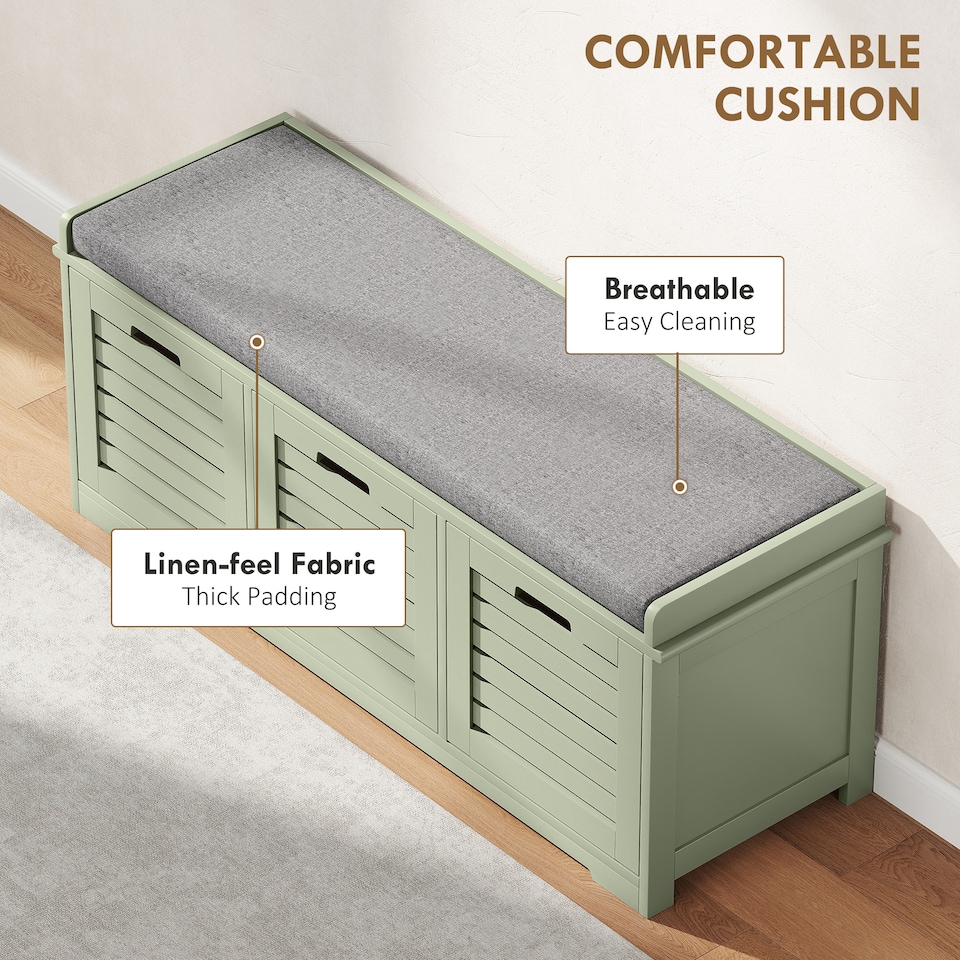 image 1 of HOMCOM 3-Door Shoe Storage Bench Cushion Seat Slatted Doors, Green | Green