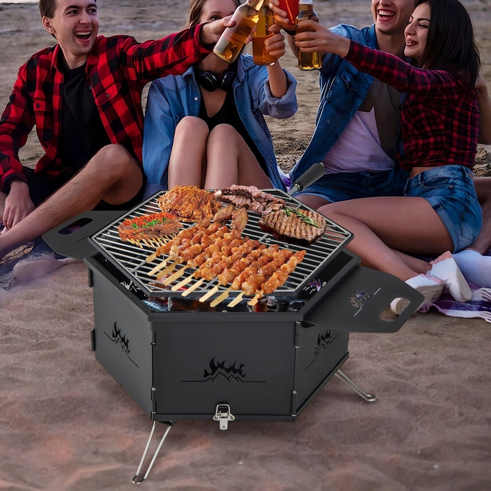 image 1 of Portable Charcoal Grill Stove 360° Rotatable Outdoor Hibachi Grill Smoker