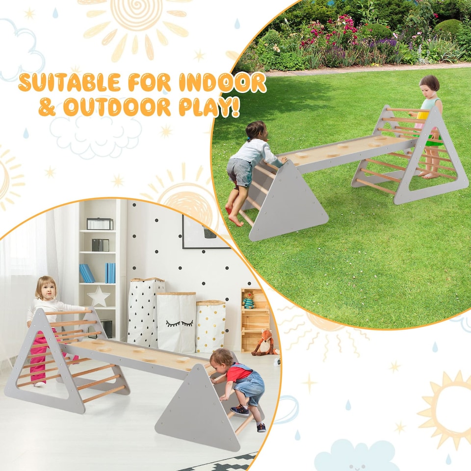 image 1 of COSTWAY 3 in 1 Toddler Climbing Toy Set Wooden Climber Log Bridge Activity Center-Grey