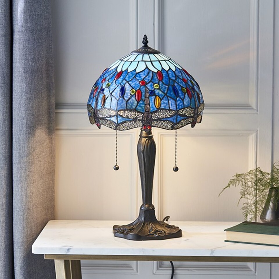 image 1 of Dragonfly 2 Light Small Table Lamp Dark Bronze, Blue, Tiffany Style Glass, E27