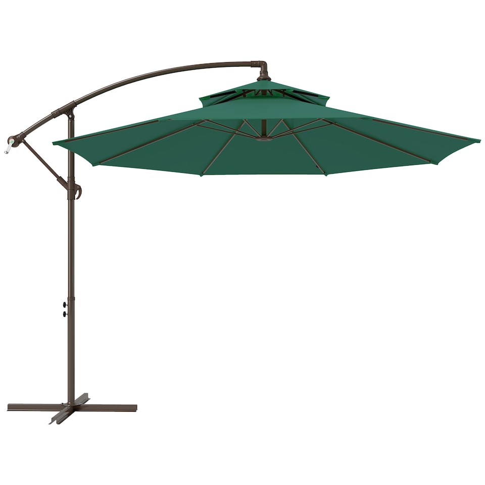image 1 of Outsunny 2.7m Garden Banana Parasol Cantilever Umbrella with Crank Handle, Double Tier Canopy and Cross Base for Outdoor, Hanging Sun Shade, Green