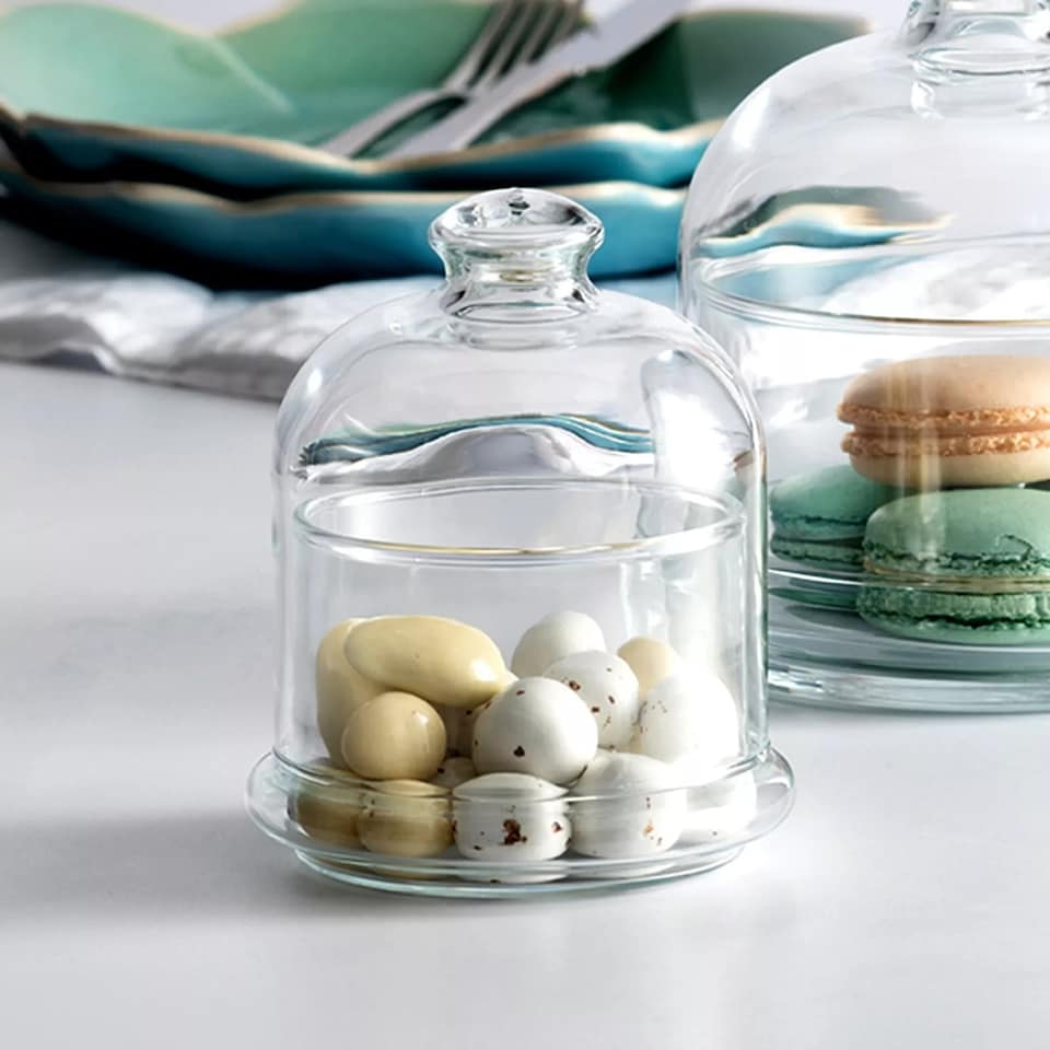 image 1 of Mini Glass Service Bowl Pastry Cookie Candy Dish Jar with Bell Dome Lid | Clear | Clear | 1 dish | 1