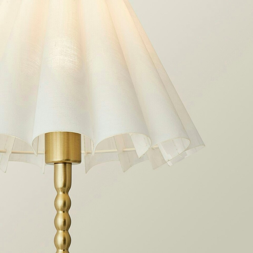 image 1 of ValueLights Maeve White Scallop Pleated Tapered Shade Brushed Gold Bobbin Bobble Table Lamp Gold