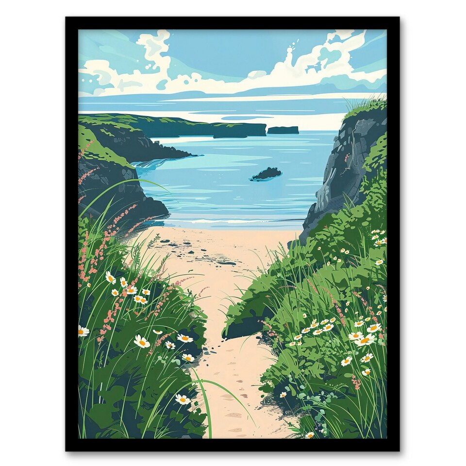 image 1 of Barafundle Bay Seaside Spring Flowers Wales Black Framed Wall Art Print A4