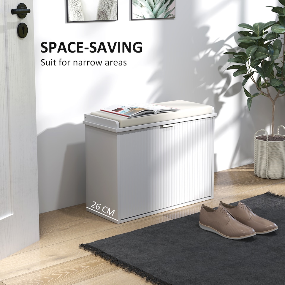 image 1 of HOMCOM Shoe Bench with Padded Seat Cushion and Flip-Drawer, Shoe Cabinet Holds up to 120kg for Hallway, Entryway and Porch, 62x26x47.5cm, White | White | White