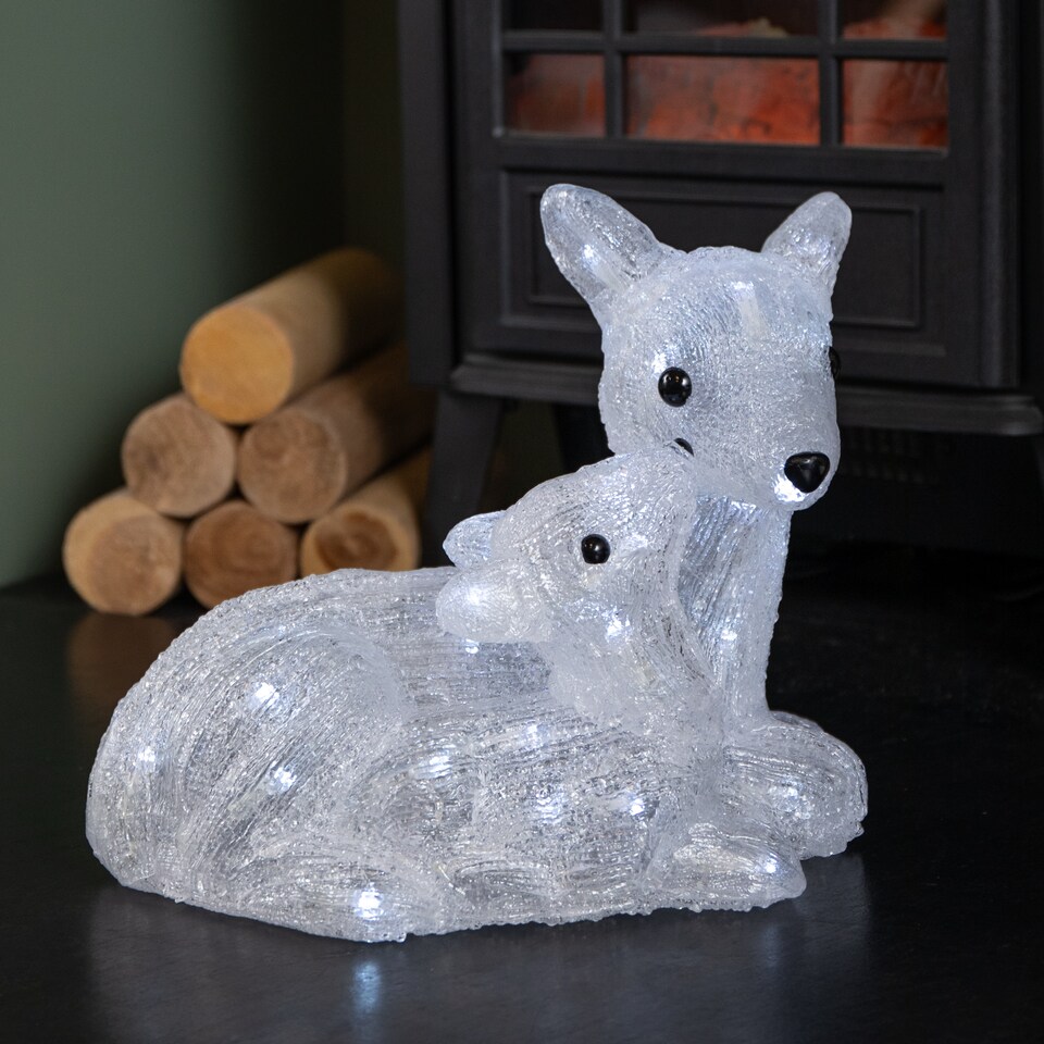 27cm Battery Powered Light up Ice Frosted Christmas Doe & Fawn with ...