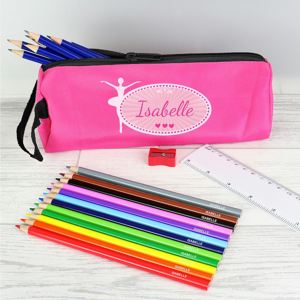 image 1 of Pink Ballerina Pencil Case with Personalised Pencils & Crayons Pink