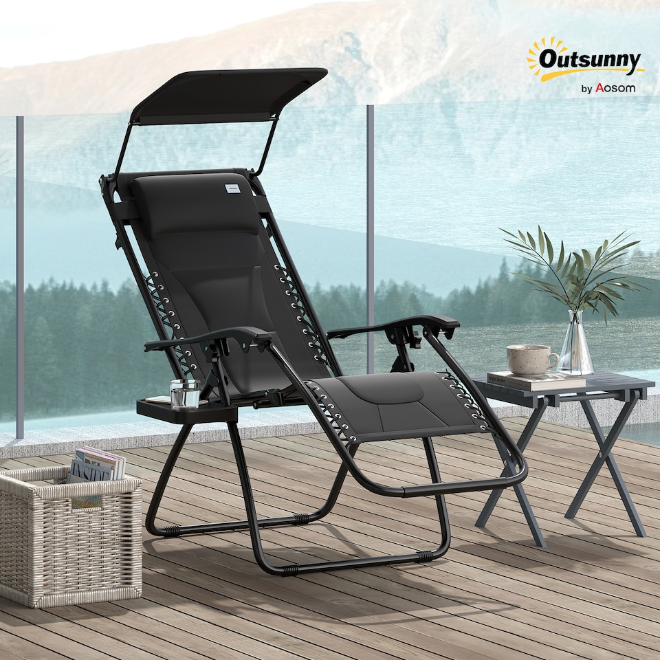 image 1 of Outsunny Zero Gravity Lounger Chair, Folding Reclining Patio Chair with Shade Cover, Padded Seat, Cup Holder, Soft Cushion and Headrest for Poolside, Camping, Black | Black | Black