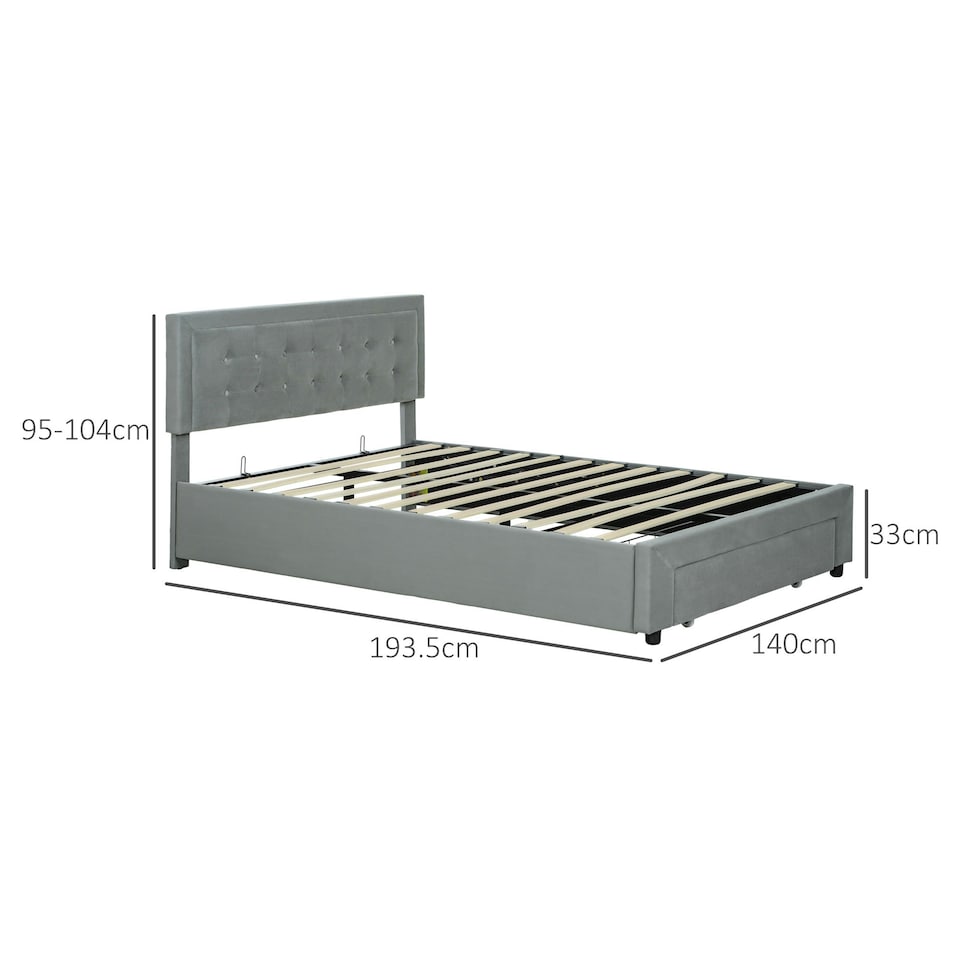 image 1 of HOMCOM Double Bed Frame with Storage and Adjustable Velvet Headboard, Grey