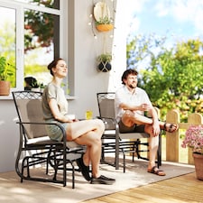 Outsunny Double Outdoor Glider Chair, 2 Seater Patio Rocking Chairs, Swing Bench with Tempered Glass Table, Breathable Mesh Fabric for Backyard, Garden, Porch, Brown