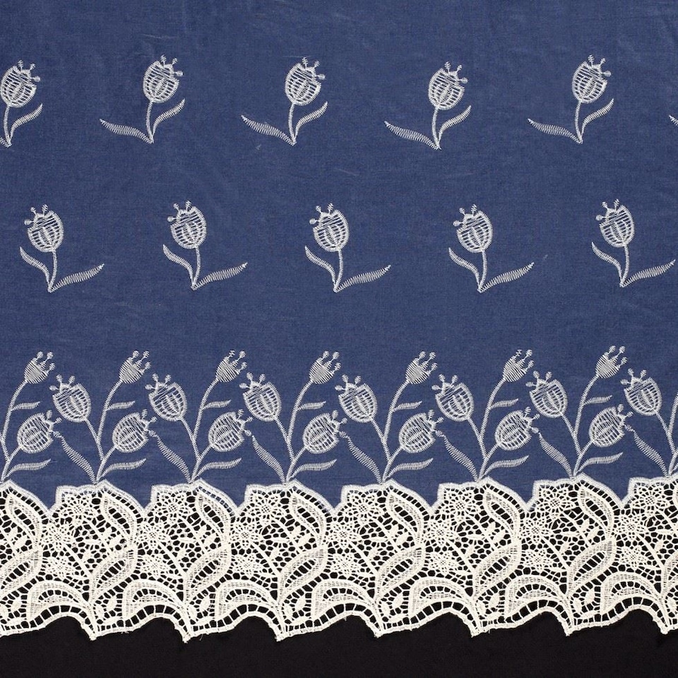 Blue Embroidered Cotton Denim Fabric for Bag Making, Dressmaking, 140cm / 55" Wide - per metre