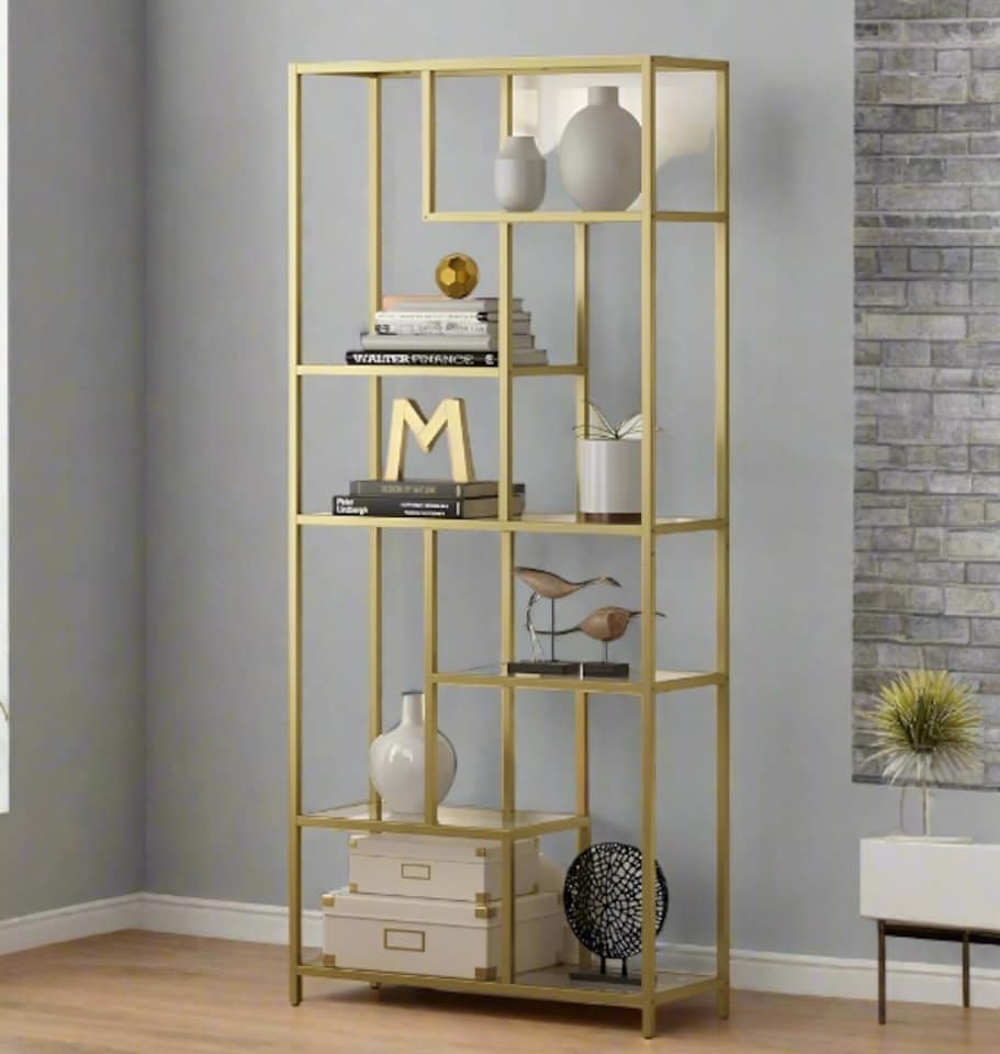 image 1 of 6-Tier Glass Bookshelf – Tall Display Bookcase & Plant Stand, Tempered Glass Shelves,