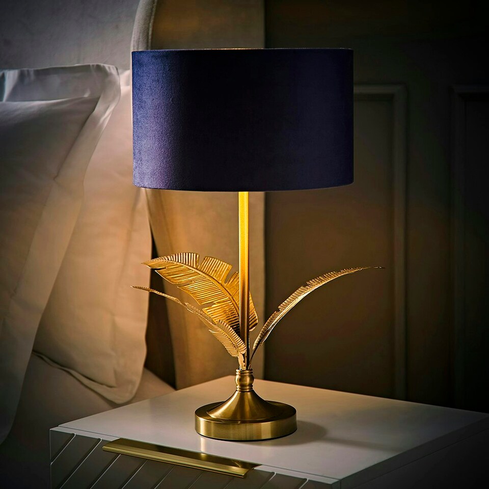 image 1 of ValueLights Christina Navy Velvet and Gold Inner Shade Gold Palm Leaf Table Lamp with Bulb Gold