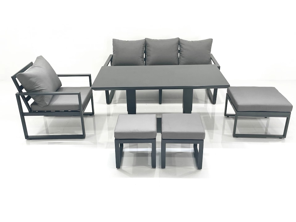 image 1 of Fimous Outdoor Aluminium Garden Furniture Set with Adjustable Rising Lifting Dining Table 3 Seater Sofa Chair 3 Footstools Dark Grey