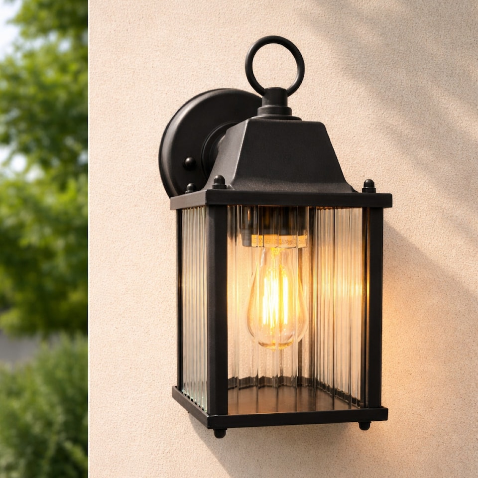image 1 of CGC Santiago Mini Matt Black Coach Lantern Wall Light with Ribbed Glass