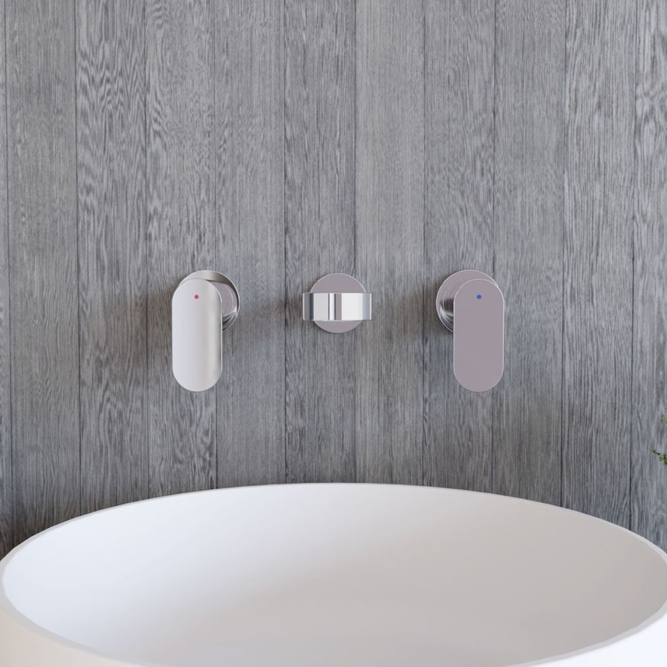 image 1 of Current Round Wall Mount 3 Tap Hole Basin Mixer Tap, Back Plate Chrome