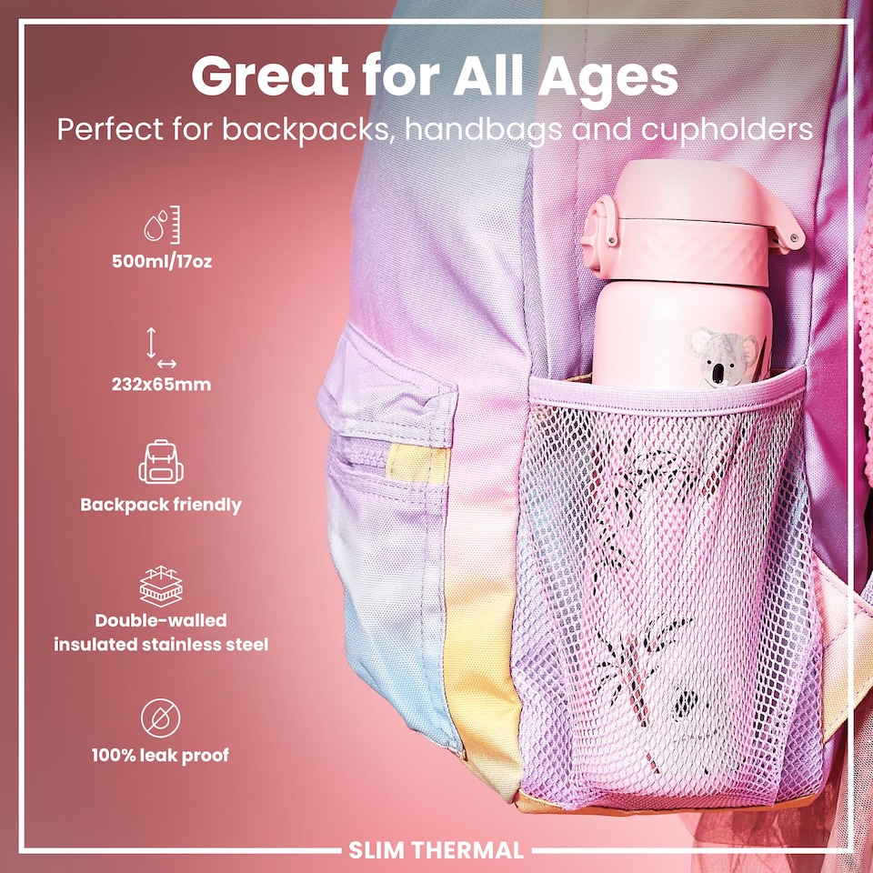 image 1 of Leak Proof Slim Water Bottle, Vacuum Insulated, 500ml (17oz) | Pink | Koala | One Size