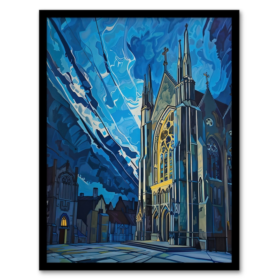 image 1 of York Minster Cathedral Night Concept Art Black Framed Wall Art Print A4