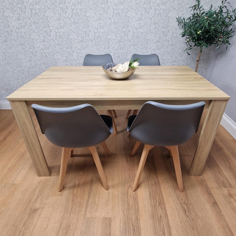 image 1 of Dining Table Set Oak Effect Table With 4 Grey Plastic Chairs Dining Room Furniture | Grey | One Size | 5