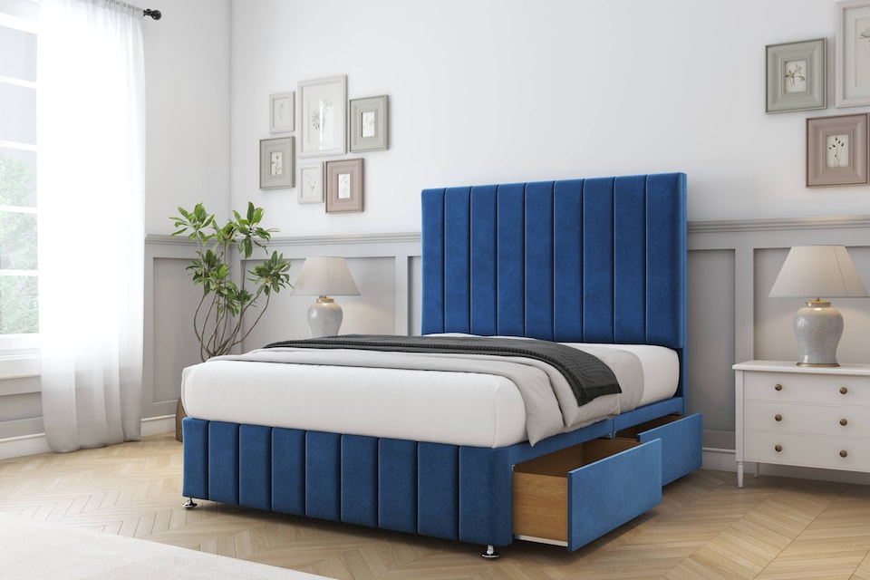 image 1 of Sloomy California Navy Plush Divan Bed With Mattress 2 Drawers Right Side With 26" Strutted Headboard & 12" Matching Footboard 3' Single | Blue | Navy | Single | 1