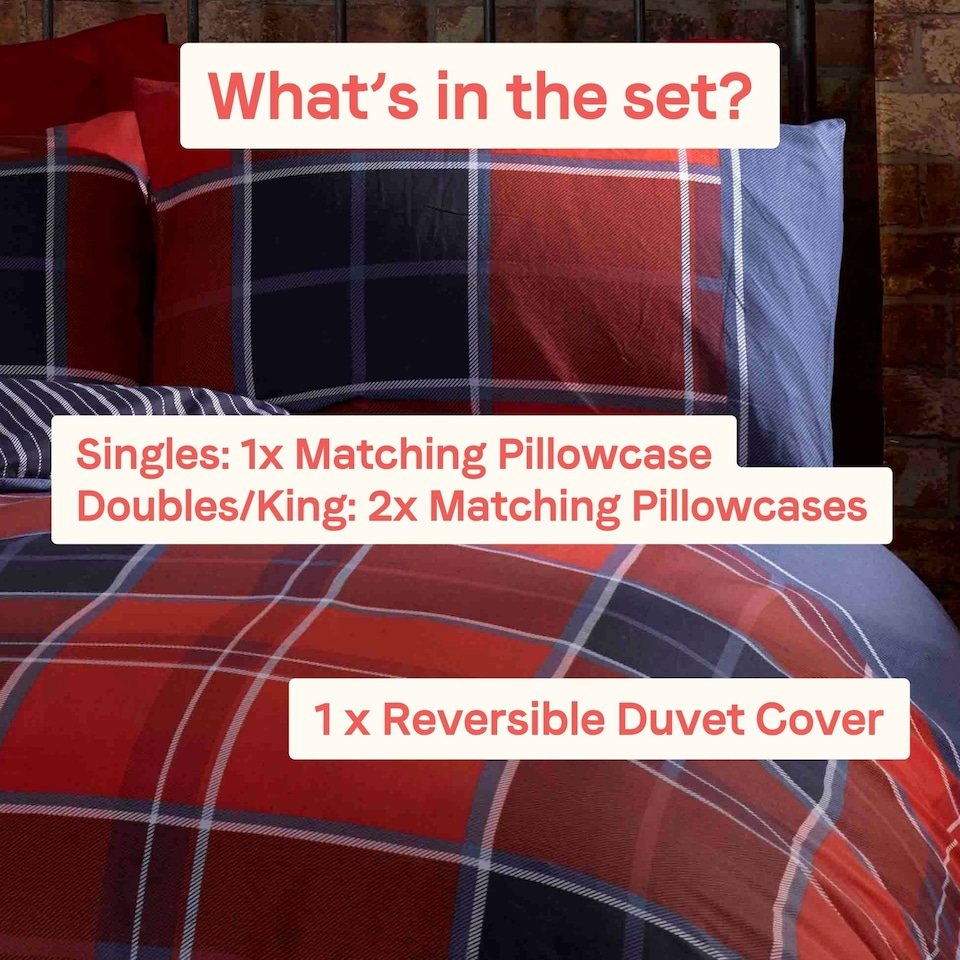image 1 of Argyle Design Tartan Polycotton Duvet Set With Pillowcase | Red | 1