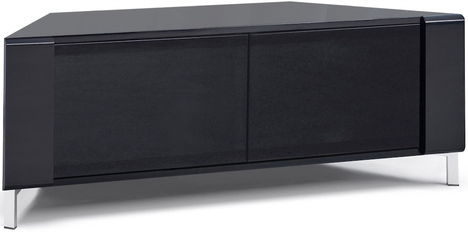 image 1 of MDA Designs CORVUS Corner-Friendly Gloss Black Contemporary Cabinet with BeamThru Glass Doors Modern Space-Saving Stand for Flat Screen TVs up to 50 Inch | Black | 1