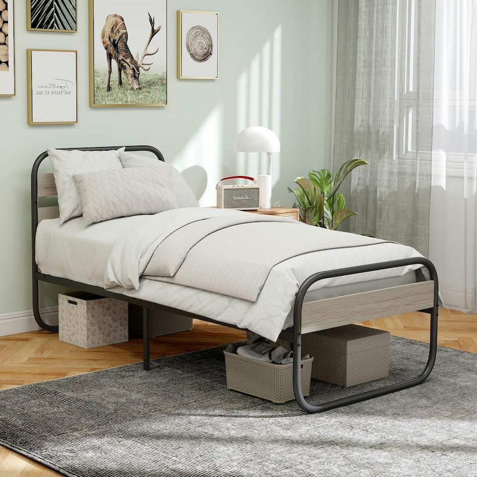 image 1 of HOMCOM 3ft Metal Platform Single Bed Frame with Under Bed Storage