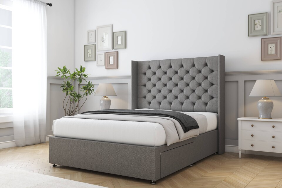 image 1 of Sloomy Dior Pewter Dumfries Divan Bed Base 2 Drawers Foot-End With 54 Inch Wingback Headboard | Grey | Pewter | Small Double | 1