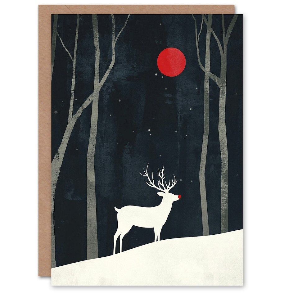 image 1 of Rudolph Red Nosed Reindeer Winter Forest Xmas Art Blank Christmas Card