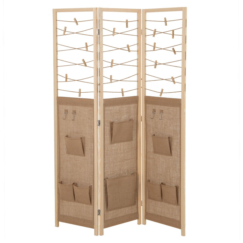 image 1 of COSTWAY 3 Panel Room Divider Folding Display Stand 8 Storage Pockets Natural