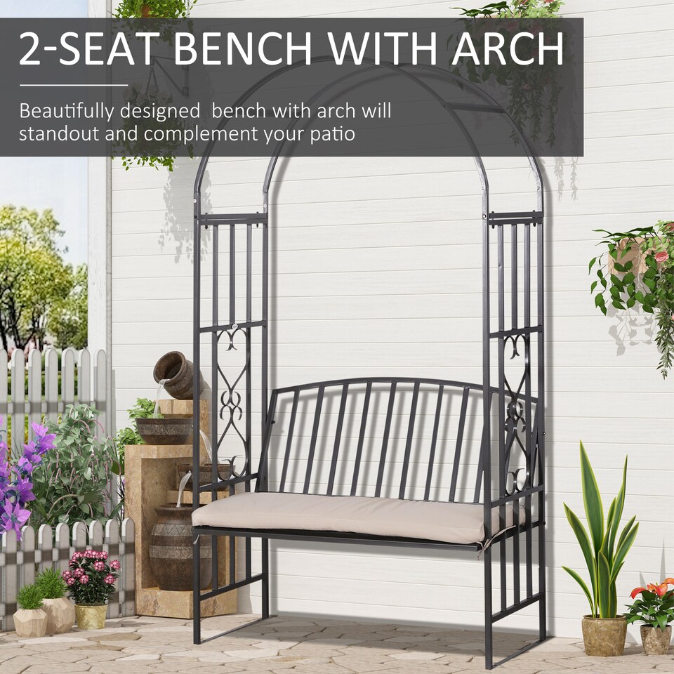 image 1 of Outsunny Garden Metal Arch Bench, Outdoor Furniture Chair with Cushion Outdoor Patio Rose Trellis Arbour Pergola, for Climbing Plant 114L x 60W x 206H cm