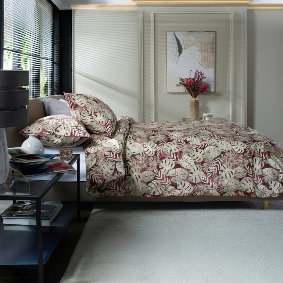 image 1 of Tropical Garden Red 180 Thread Count 100% Cotton Duvet Cover Set with Piped Finish Red | Red | Double