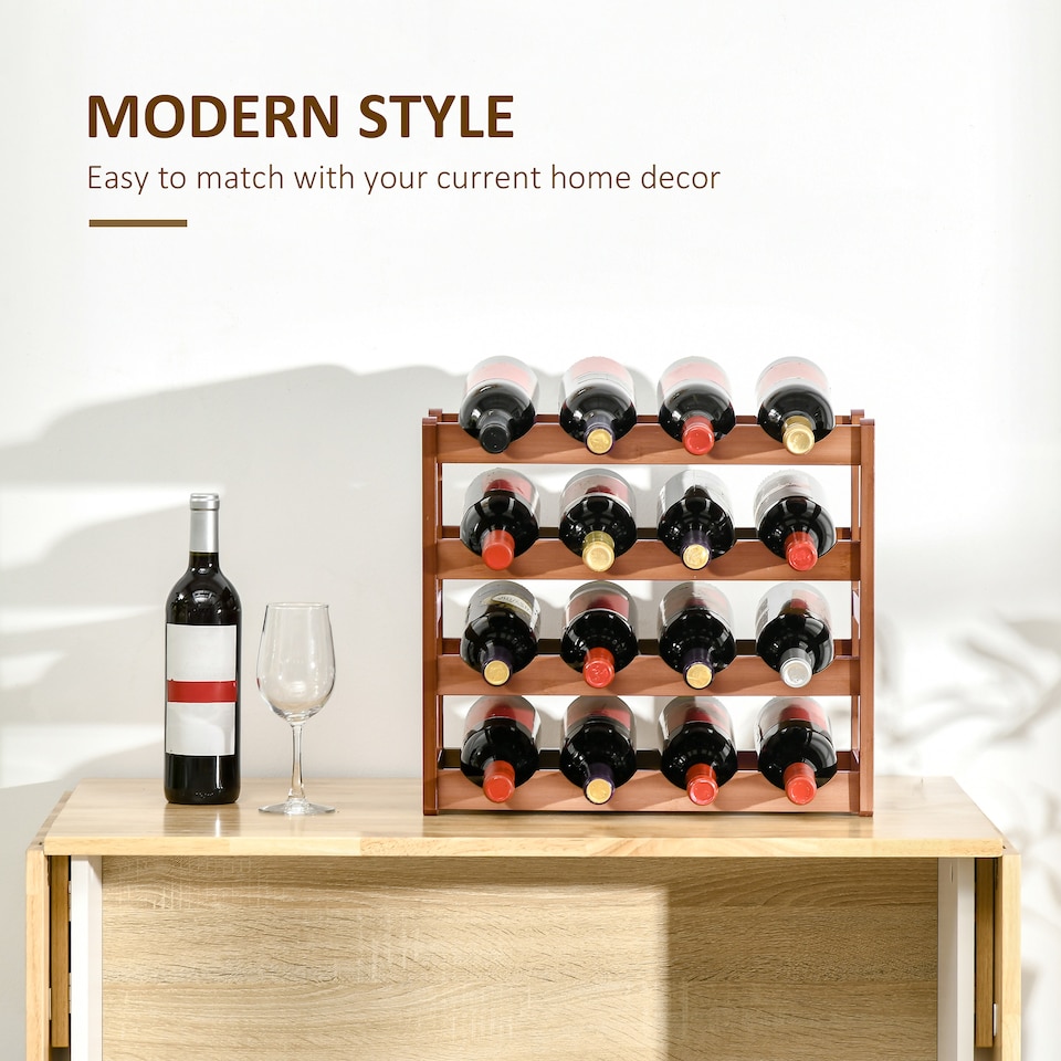 image 1 of HOMCOM Free Standing Bamboo Wine Rack with 16 Bottles Holder, 4-tier Water Bottle Organiser, Display Shelf for Countertop, Home Bar, Brown