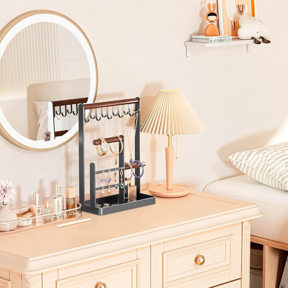 image 1 of Jewellery Stand Holder Wooden Ring Necklace Keys Organizer Tabletop Storage Tray