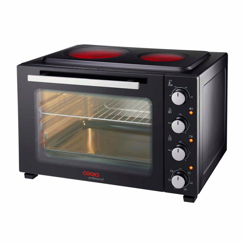 image 1 of Cooks Professional 48L Mini Portable Oven with 2 Ceramic Hobs - Electric Portable Countertop Cooker | Black | Black & Silver