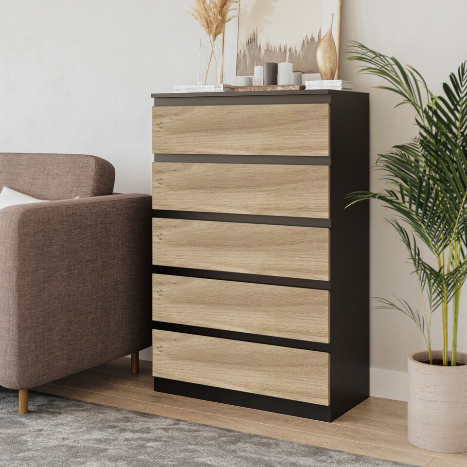 image 1 of Minimalist Chest of 5 Drawers 108.5x70x35 | Black | Black & Oak | 1