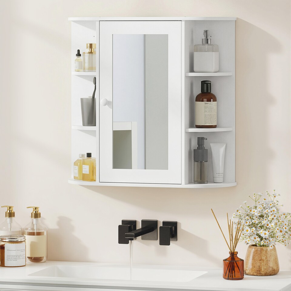 image 1 of HOMCOM Wall Mounted Bathroom Cabinet w/ Mirror Single Door Storage Shelves