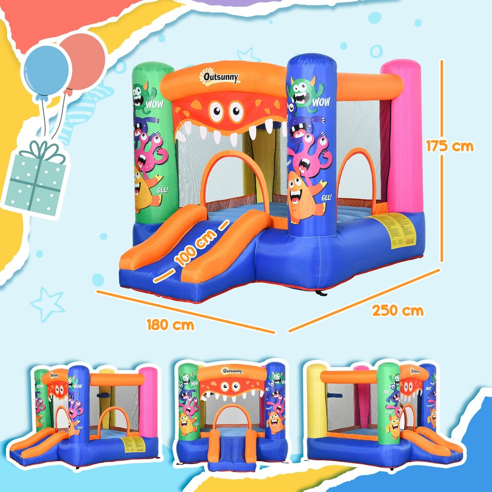 image 1 of Outsunny Bouncy Castle with Slide Basket Trampoline Monster Design 2.5x1.8x1.75m