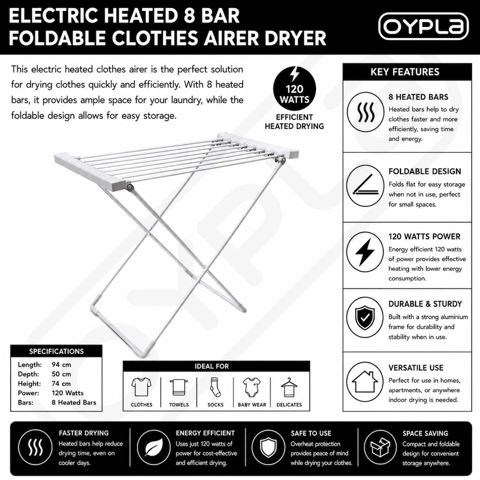 image 1 of Electric Heated 8 Bar Foldable Folding Clothes Horse Airer Dryer